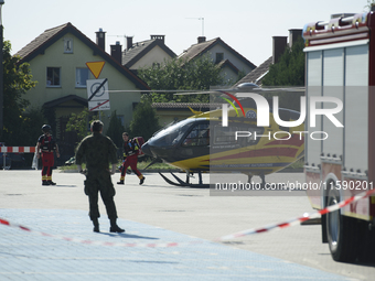 Medical staff arrives by helicopter to the military field hospital in Nysa, Poland on September 20, 2024. On September 19, 2024 the military...