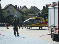 Medical staff arrives by helicopter to the military field hospital in Nysa, Poland on September 20, 2024. On September 19, 2024 the military...