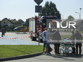 A patient is being transported from the field hospital to a helicopter in Nysa, Poland on September 20, 2024. On September 19, 2024 the mili...