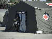 A field hospital has been set up to provide aid to the people from flood-hit areas in Nysa, Poland on September 20, 2024. On September 19, 2...