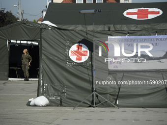 A field hospital has been set up to provide aid to the people from flood-hit areas in Nysa, Poland on September 20, 2024. On September 19, 2...