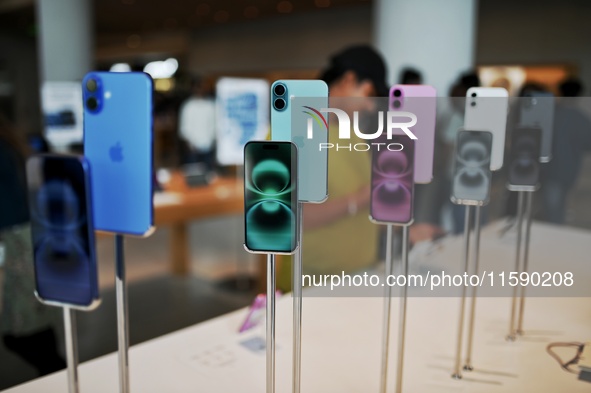 The iPhone 16 series is seen on display on the launch day of the iPhone 16 series at Apple BKC, in Mumbai, India, on September 20, 2024. The...