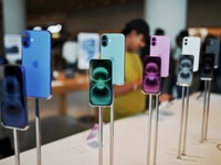 The iPhone 16 series is seen on display on the launch day of the iPhone 16 series at Apple BKC, in Mumbai, India, on September 20, 2024. The...