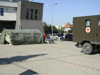 A field hospital has been set up to provide aid to the people from flood-hit areas in Nysa, Poland on September 20, 2024. On September 19, 2...