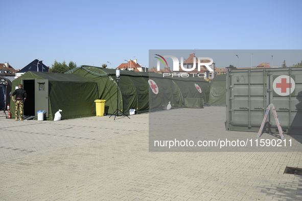 A field hospital has been set up to provide aid to the people from flood-hit areas in Nysa, Poland on September 20, 2024. On September 19, 2...