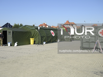 A field hospital has been set up to provide aid to the people from flood-hit areas in Nysa, Poland on September 20, 2024. On September 19, 2...