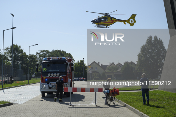 A medical helicopter lands next to the military field hospital in Nysa, Poland on September 20, 2024. On September 19, 2024 the military fie...