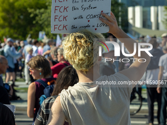 Protesters march during the global climate strike organized by Fridays for Future in Berlin, Germany, on September 20, 2024 (