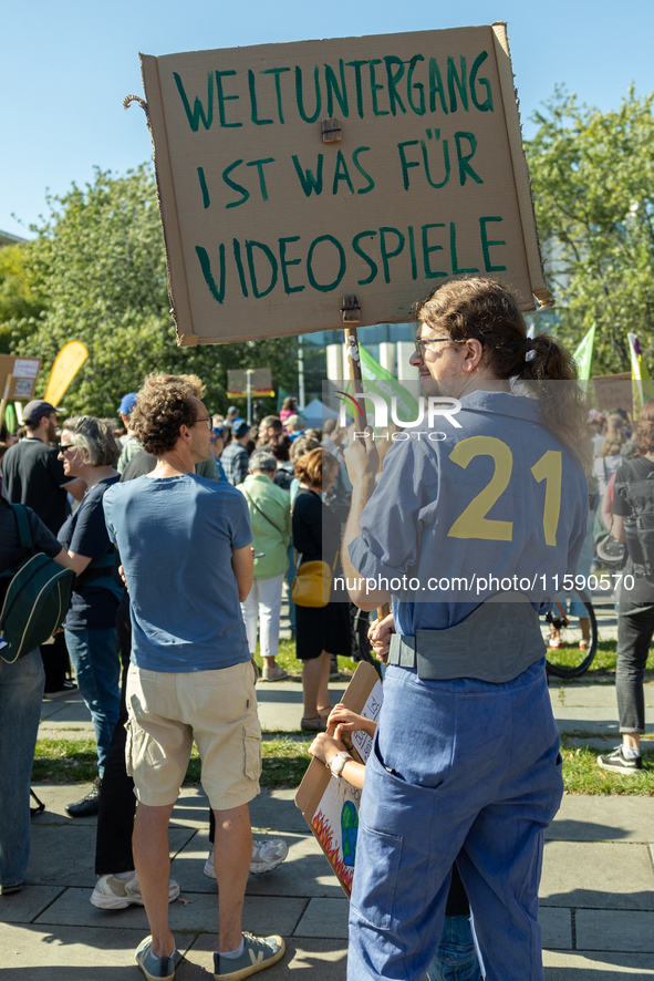 Protesters march during the global climate strike organized by Fridays for Future in Berlin, Germany, on September 20, 2024 