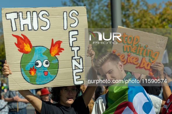 Protesters march during the global climate strike organized by Fridays for Future in Berlin, Germany, on September 20, 2024 