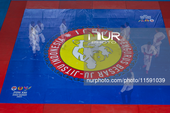 When the referee stops the match time, Naufal Muhammad Faqhi, a Jiu-Jitsu athlete from the Special Region of Aceh (Blue), is seen in long-ex...