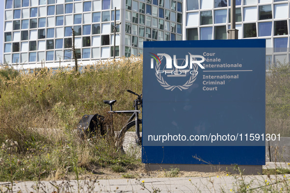 General view with a sign with the official logo and inscription of the International Criminal Court ICC or ICCt, an intergovernmental organi...