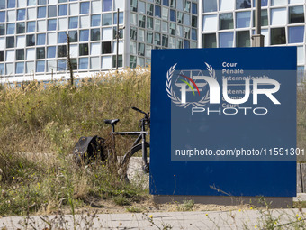 General view with a sign with the official logo and inscription of the International Criminal Court ICC or ICCt, an intergovernmental organi...