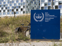 General view with a sign with the official logo and inscription of the International Criminal Court ICC or ICCt, an intergovernmental organi...