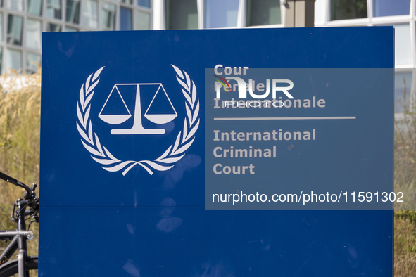 General view with a sign with the official logo and inscription of the International Criminal Court ICC or ICCt, an intergovernmental organi...