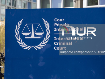 General view with a sign with the official logo and inscription of the International Criminal Court ICC or ICCt, an intergovernmental organi...