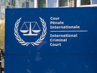 General view with a sign with the official logo and inscription of the International Criminal Court ICC or ICCt, an intergovernmental organi...