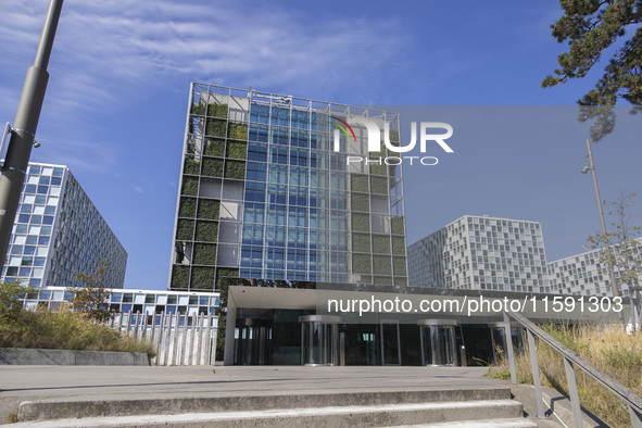 General view with a sign with the official logo and inscription of the International Criminal Court ICC or ICCt, an intergovernmental organi...