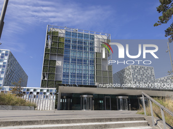 General view with a sign with the official logo and inscription of the International Criminal Court ICC or ICCt, an intergovernmental organi...