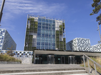 General view with a sign with the official logo and inscription of the International Criminal Court ICC or ICCt, an intergovernmental organi...