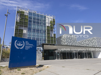 General view with a sign with the official logo and inscription of the International Criminal Court ICC or ICCt, an intergovernmental organi...