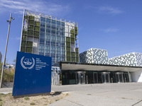 General view with a sign with the official logo and inscription of the International Criminal Court ICC or ICCt, an intergovernmental organi...