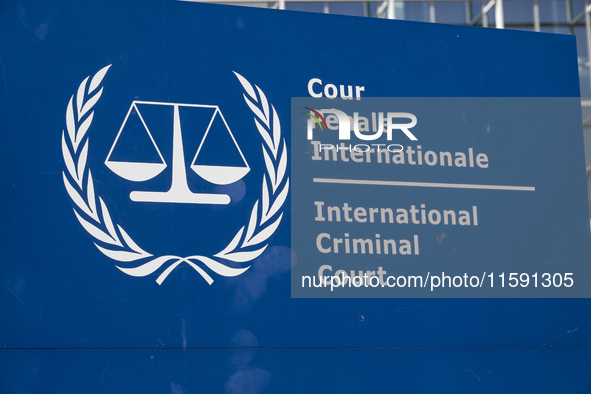 General view with a sign with the official logo and inscription of the International Criminal Court ICC or ICCt, an intergovernmental organi...