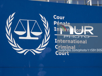 General view with a sign with the official logo and inscription of the International Criminal Court ICC or ICCt, an intergovernmental organi...