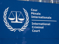 General view with a sign with the official logo and inscription of the International Criminal Court ICC or ICCt, an intergovernmental organi...