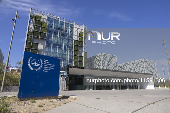 General view with a sign with the official logo and inscription of the International Criminal Court ICC or ICCt, an intergovernmental organi...