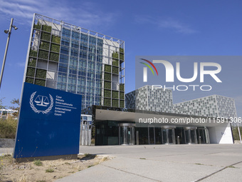 General view with a sign with the official logo and inscription of the International Criminal Court ICC or ICCt, an intergovernmental organi...