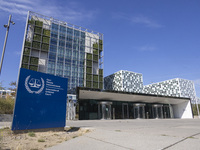 General view with a sign with the official logo and inscription of the International Criminal Court ICC or ICCt, an intergovernmental organi...