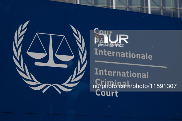 General view with a sign with the official logo and inscription of the International Criminal Court ICC or ICCt, an intergovernmental organi...