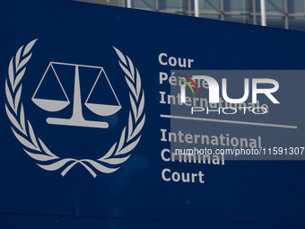 General view with a sign with the official logo and inscription of the International Criminal Court ICC or ICCt, an intergovernmental organi...