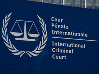 General view with a sign with the official logo and inscription of the International Criminal Court ICC or ICCt, an intergovernmental organi...