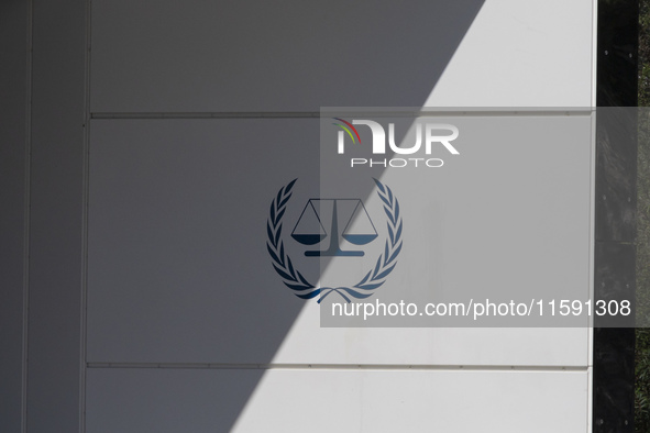 General view with a sign with the official logo and inscription of the International Criminal Court ICC or ICCt, an intergovernmental organi...