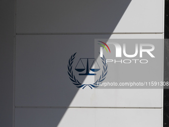 General view with a sign with the official logo and inscription of the International Criminal Court ICC or ICCt, an intergovernmental organi...