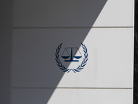 General view with a sign with the official logo and inscription of the International Criminal Court ICC or ICCt, an intergovernmental organi...