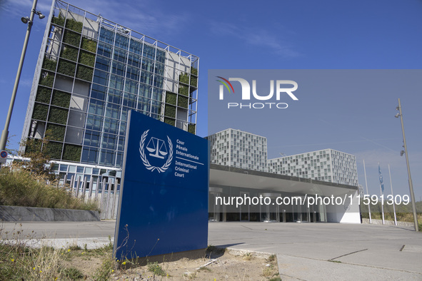 General view with a sign with the official logo and inscription of the International Criminal Court ICC or ICCt, an intergovernmental organi...