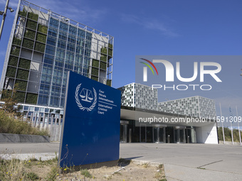 General view with a sign with the official logo and inscription of the International Criminal Court ICC or ICCt, an intergovernmental organi...