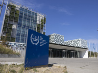 General view with a sign with the official logo and inscription of the International Criminal Court ICC or ICCt, an intergovernmental organi...