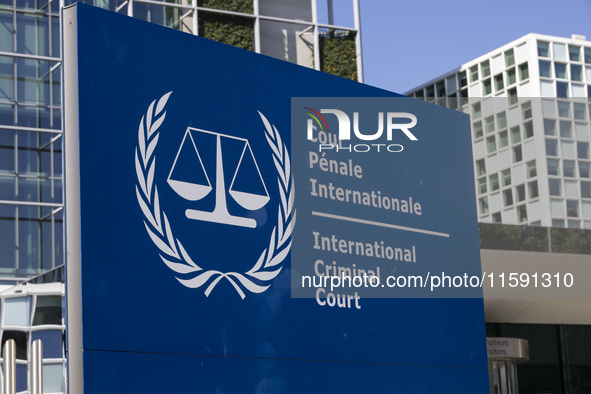 General view with a sign with the official logo and inscription of the International Criminal Court ICC or ICCt, an intergovernmental organi...