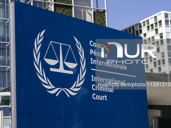 General view with a sign with the official logo and inscription of the International Criminal Court ICC or ICCt, an intergovernmental organi...