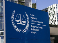 General view with a sign with the official logo and inscription of the International Criminal Court ICC or ICCt, an intergovernmental organi...