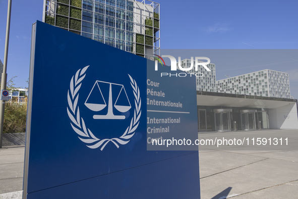 General view with a sign with the official logo and inscription of the International Criminal Court ICC or ICCt, an intergovernmental organi...