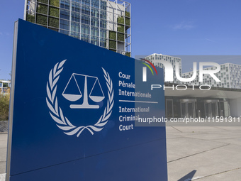 General view with a sign with the official logo and inscription of the International Criminal Court ICC or ICCt, an intergovernmental organi...