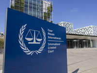 General view with a sign with the official logo and inscription of the International Criminal Court ICC or ICCt, an intergovernmental organi...