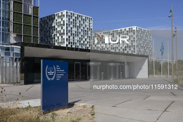 General view with a sign with the official logo and inscription of the International Criminal Court ICC or ICCt, an intergovernmental organi...