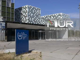 General view with a sign with the official logo and inscription of the International Criminal Court ICC or ICCt, an intergovernmental organi...