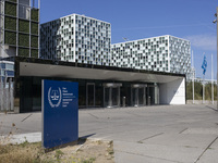 General view with a sign with the official logo and inscription of the International Criminal Court ICC or ICCt, an intergovernmental organi...